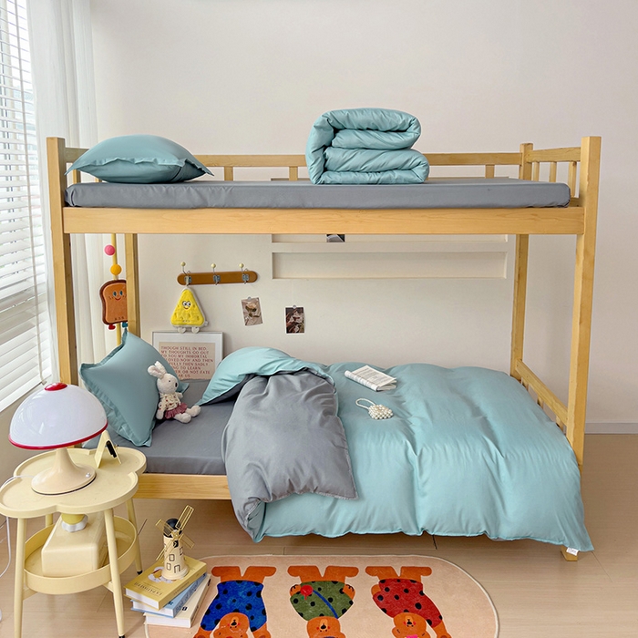 91家纺网 家纺一手货源 找家纺 楠沐家纺 2025新款亲肤芦荟棉印花学生宿舍上下铺四件套三件套 水蓝银灰