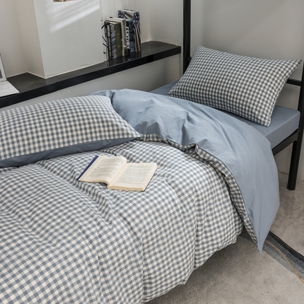 柠萌家居 2025新款无印良品风色织水洗棉A类学生宿舍三件套 蓝小格
