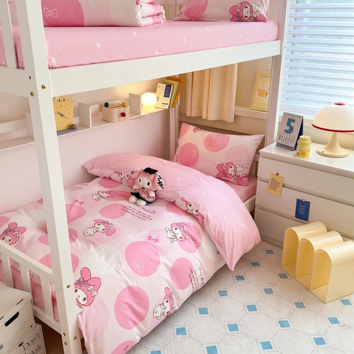 91家纺网 家纺一手货源 找家纺 曼之夏 2024新款全棉三丽鸥学生三件套 圈圈美乐蒂