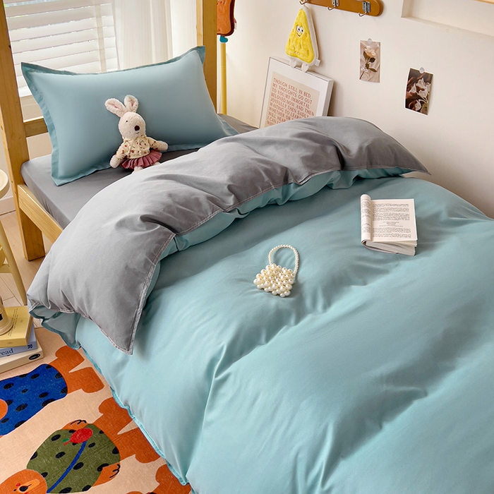 91家纺网 家纺一手货源 找家纺 楠沐家纺 2025新款亲肤芦荟棉印花学生宿舍上下铺四件套三件套 水蓝银灰