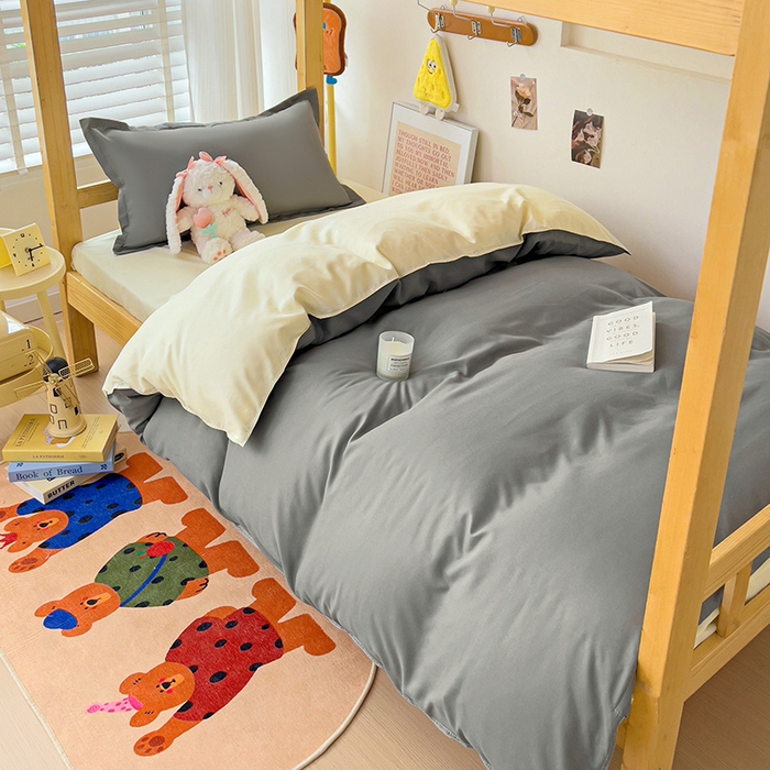 91家纺网 家纺一手货源 找家纺 楠沐家纺 2025新款亲肤芦荟棉印花学生宿舍上下铺四件套三件套 银灰米黄