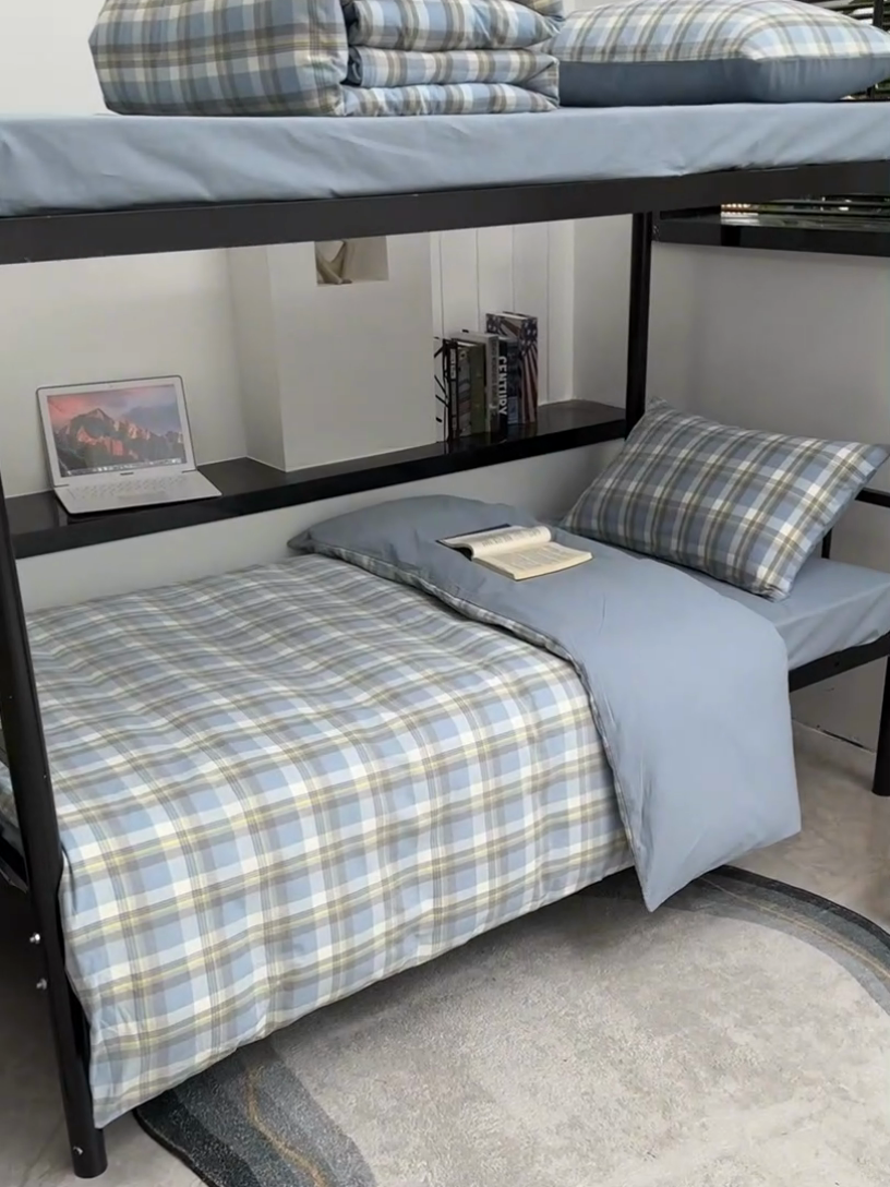 91家纺网 家纺一手货源 找家纺 柠萌家居 2025新款无印良品风色织水洗棉A类学生宿舍三件套 简兮蓝