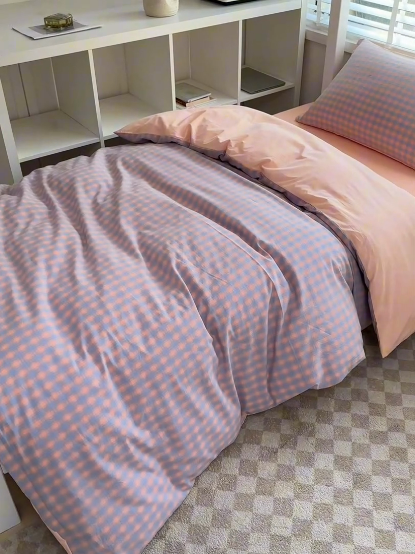 91家纺网 家纺一手货源 找家纺 柠萌家居 2025新款无印良品风色织水洗棉A类学生宿舍三件套 星辰蓝桔