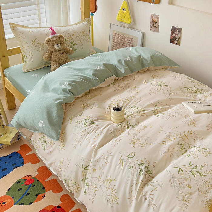 91家纺网 家纺一手货源 找家纺 楠沐家纺 2025新款亲肤芦荟棉印花学生宿舍上下铺四件套三件套 仙草