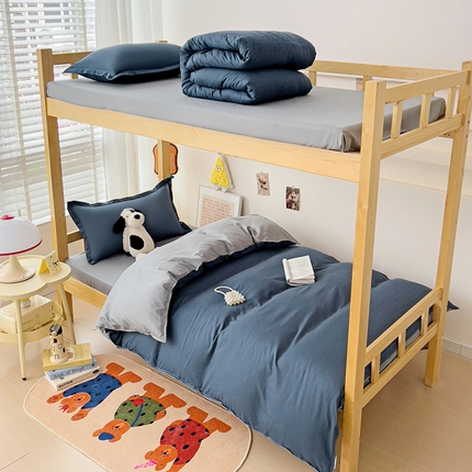 91家纺网 家纺一手货源 找家纺 楠沐家纺 2025新款亲肤芦荟棉印花学生宿舍上下铺四件套三件套 牛仔蓝银灰