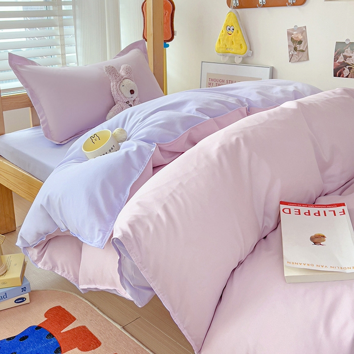 91家纺网 家纺一手货源 找家纺 楠沐家纺 2025新款亲肤芦荟棉印花学生宿舍上下铺四件套三件套 泡泡粉+泡泡紫