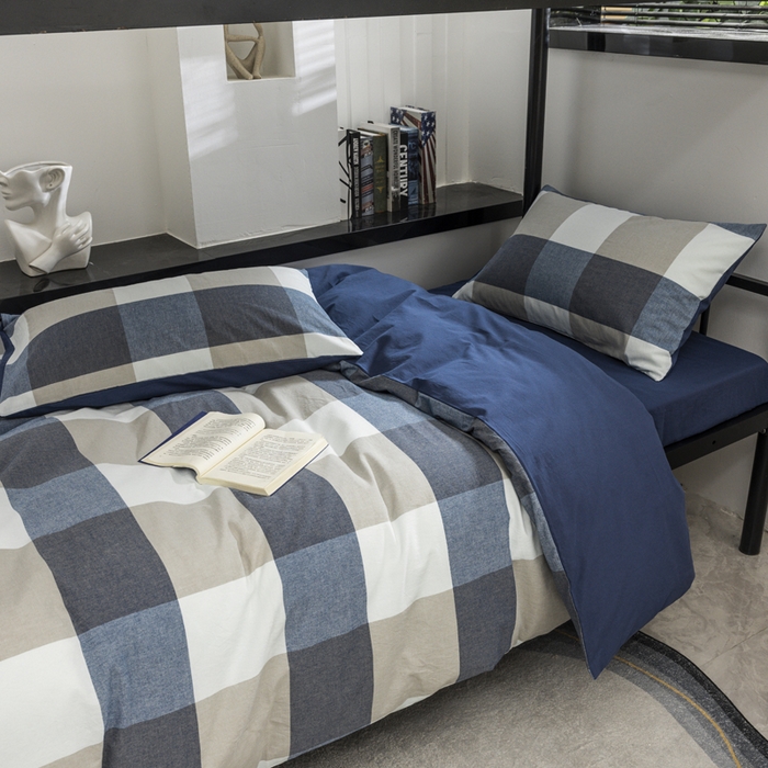 91家纺网 家纺一手货源 找家纺 柠萌家居 2025新款无印良品风色织水洗棉A类学生宿舍三件套 蓝调格