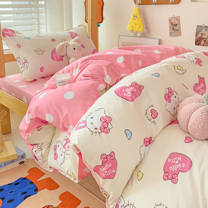 91家纺网 家纺一手货源 找家纺 楠沐家纺 2025新款亲肤芦荟棉印花学生宿舍上下铺四件套三件套 糖果kt猫