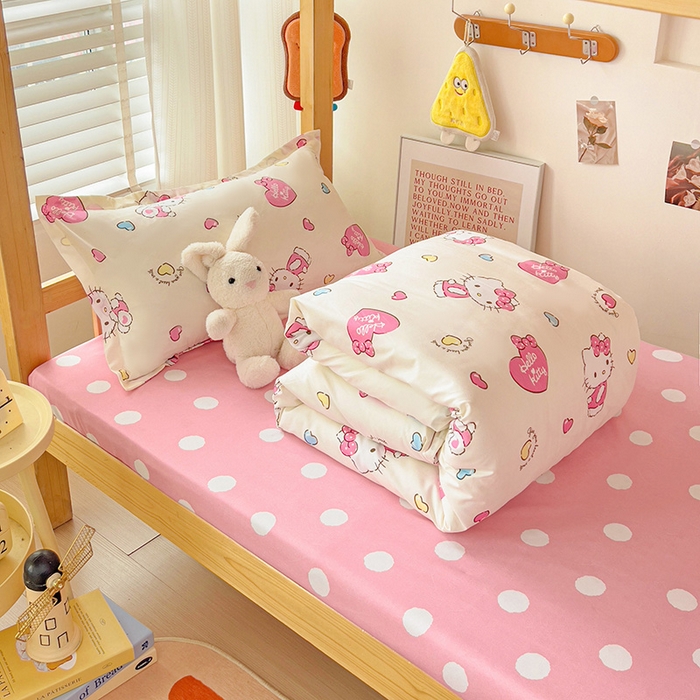 91家纺网 家纺一手货源 找家纺 楠沐家纺 2025新款亲肤芦荟棉印花学生宿舍上下铺四件套三件套 糖果kt猫