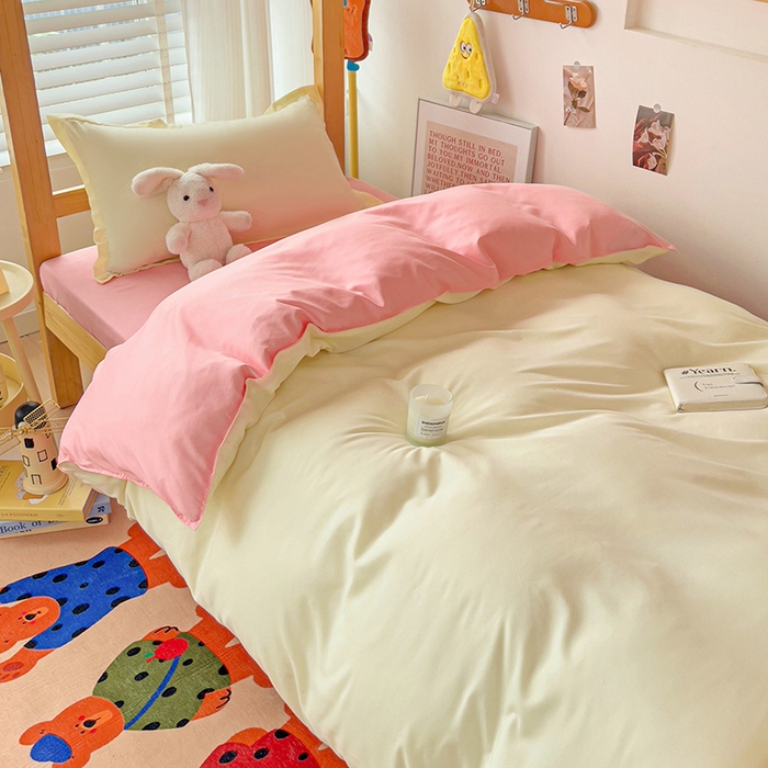 91家纺网 家纺一手货源 找家纺 楠沐家纺 2025新款亲肤芦荟棉印花学生宿舍上下铺四件套三件套 米黄+浅玉