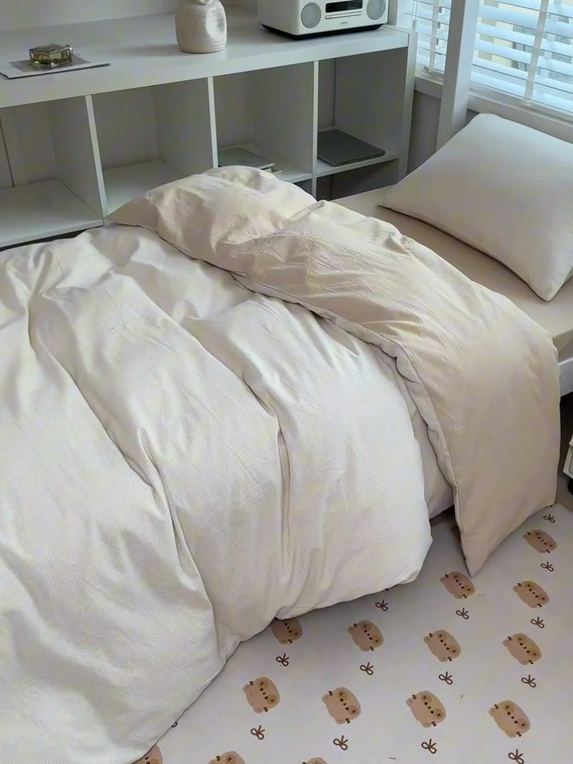 91家纺网 家纺一手货源 找家纺 柠萌家居 2025新款无印良品风色织水洗棉A类学生宿舍三件套 米密条