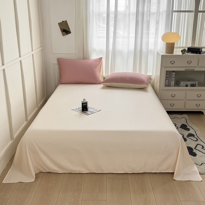 91家纺网 家纺一手货源 找家纺 乐沐家纺 2024新款夏季水洗冰丝四件套水洗真丝纯色双拼单被套-风格二 奶昔白+西柚粉