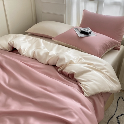 91家纺网 家纺一手货源 找家纺 乐沐家纺 2024新款夏季水洗冰丝四件套水洗真丝纯色双拼单被套-风格二 奶昔白+西柚粉