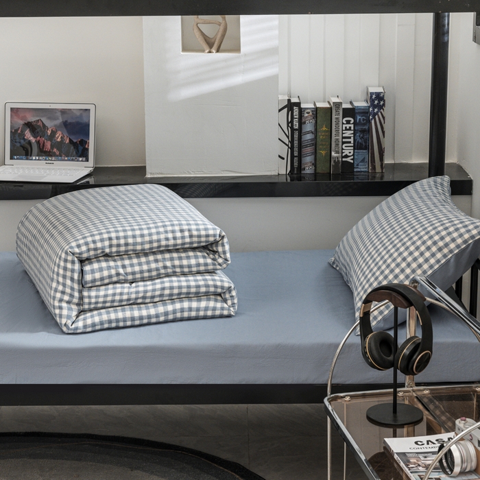 91家纺网 家纺一手货源 找家纺 柠萌家居 2025新款无印良品风色织水洗棉A类学生宿舍三件套 蓝小格