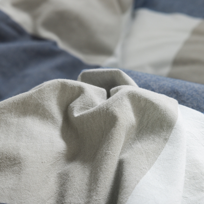 91家纺网 家纺一手货源 找家纺 柠萌家居 2025新款无印良品风色织水洗棉A类学生宿舍三件套 蓝调格