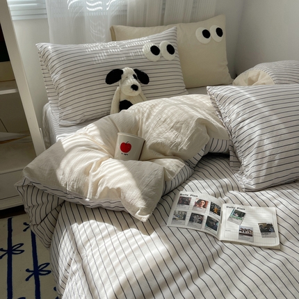 91家纺网 家纺一手货源 找家纺 丽涵家纺 2024新款全棉混搭色织水洗棉大眼学生四件套纯棉三件套 大眼密条浅米2