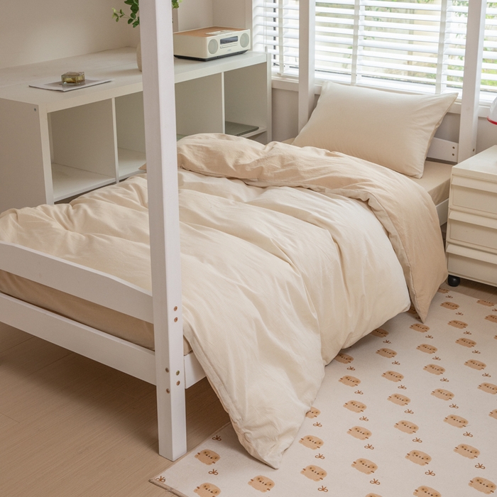 91家纺网 家纺一手货源 找家纺 柠萌家居 2025新款无印良品风色织水洗棉A类学生宿舍三件套 米密条