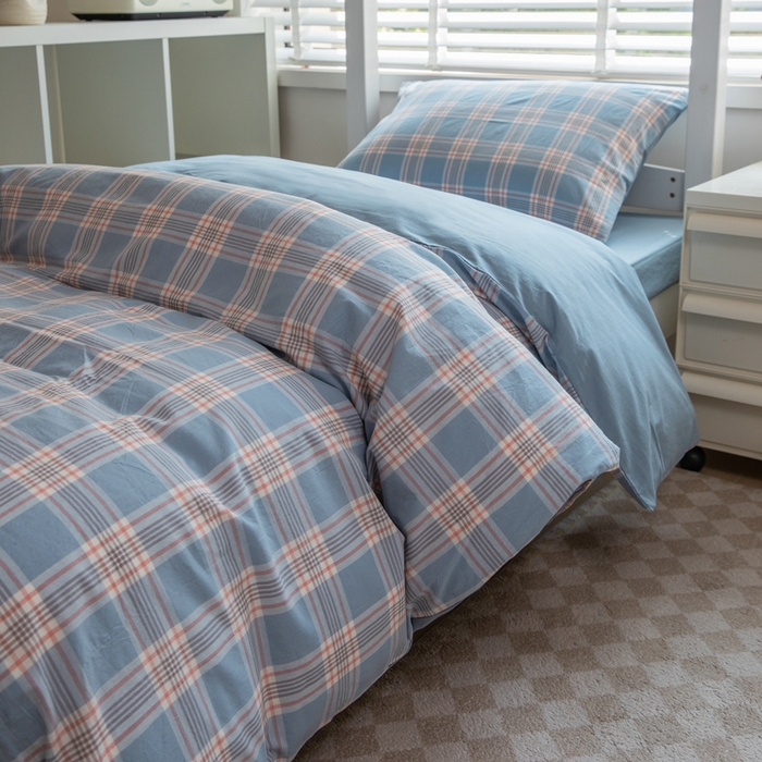 91家纺网 家纺一手货源 找家纺 柠萌家居 2025新款无印良品风色织水洗棉A类学生宿舍三件套 麦凯蓝