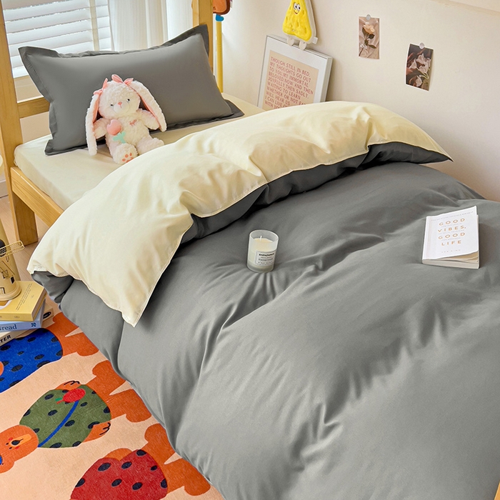 91家纺网 家纺一手货源 找家纺 楠沐家纺 2025新款亲肤芦荟棉印花学生宿舍上下铺四件套三件套 银灰米黄