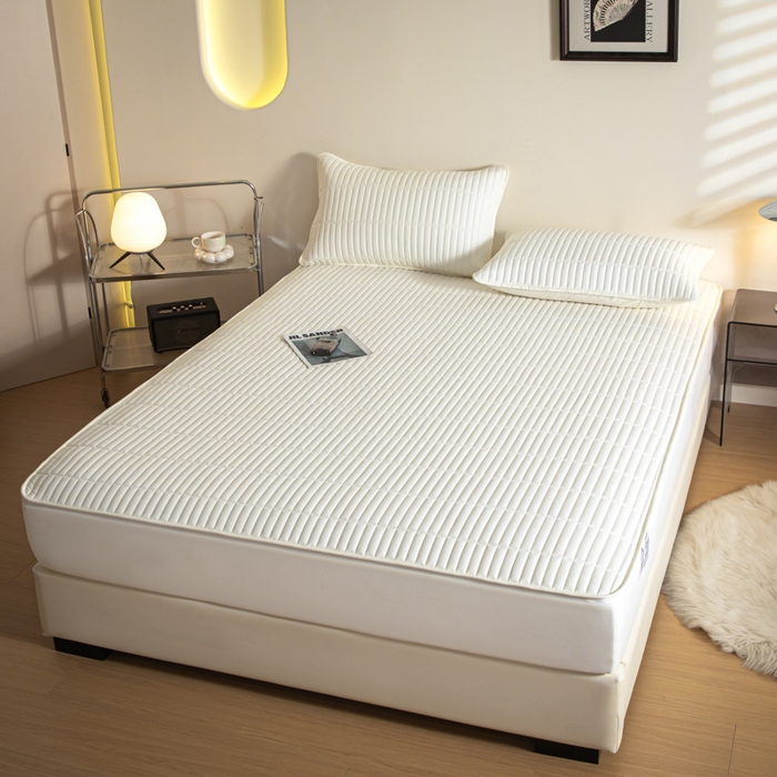 91家纺网 家纺一手货源 找家纺 雪云美 六面全包夹棉床笠拉链款A类原棉床垫套子床罩 格韵-珍珠白