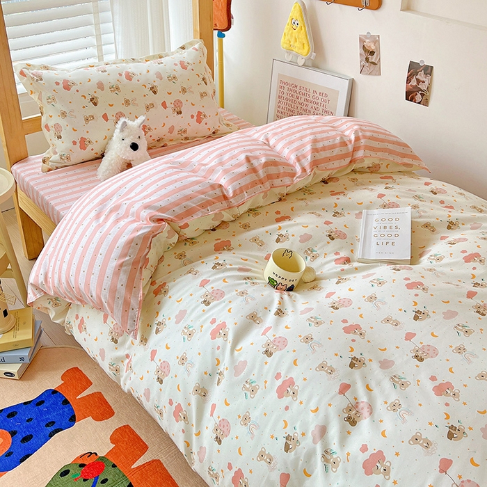 91家纺网 家纺一手货源 找家纺 楠沐家纺 2025新款亲肤芦荟棉印花学生宿舍上下铺四件套三件套 彩虹猴