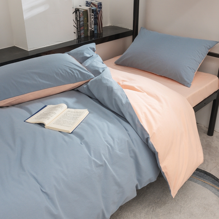 91家纺网 家纺一手货源 找家纺 柠萌家居 2025新款无印良品风色织水洗棉A类学生宿舍三件套 浅蓝粉