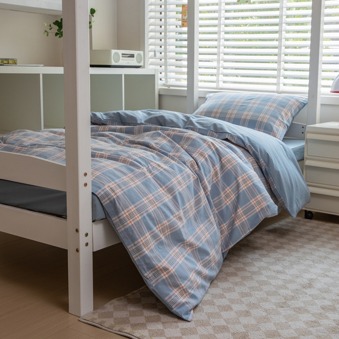 91家纺网 家纺一手货源 找家纺 柠萌家居 2025新款无印良品风色织水洗棉A类学生宿舍三件套 麦凯蓝