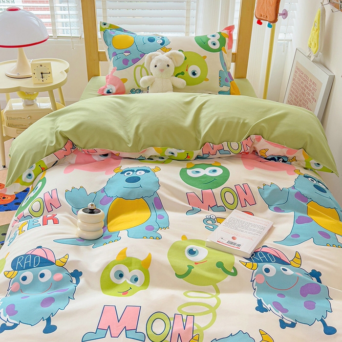 91家纺网 家纺一手货源 找家纺 楠沐家纺 2025新款亲肤芦荟棉印花学生宿舍上下铺四件套三件套 怪兽大学