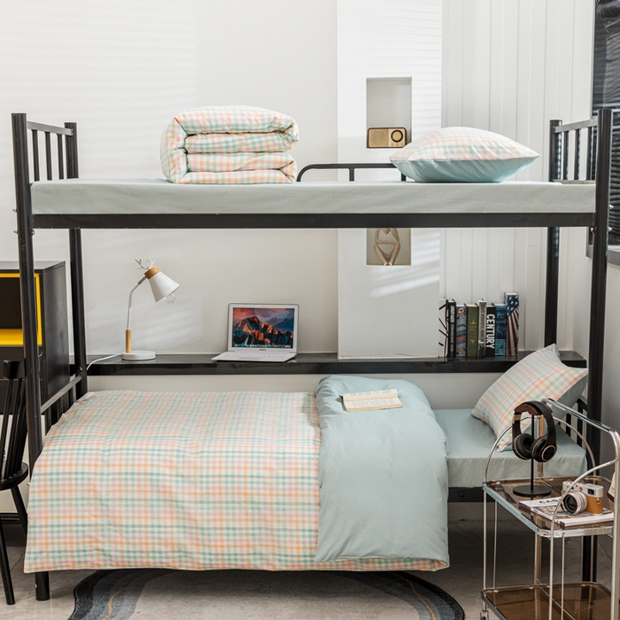 91家纺网 家纺一手货源 找家纺 柠萌家居 2025新款无印良品风色织水洗棉A类学生宿舍三件套 冰激凌绿