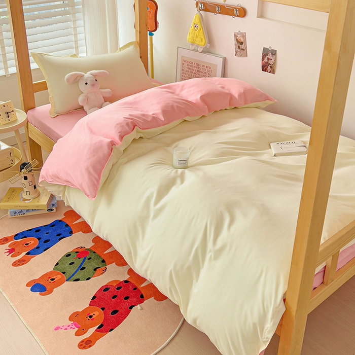 91家纺网 家纺一手货源 找家纺 楠沐家纺 2025新款亲肤芦荟棉印花学生宿舍上下铺四件套三件套 米黄+浅玉