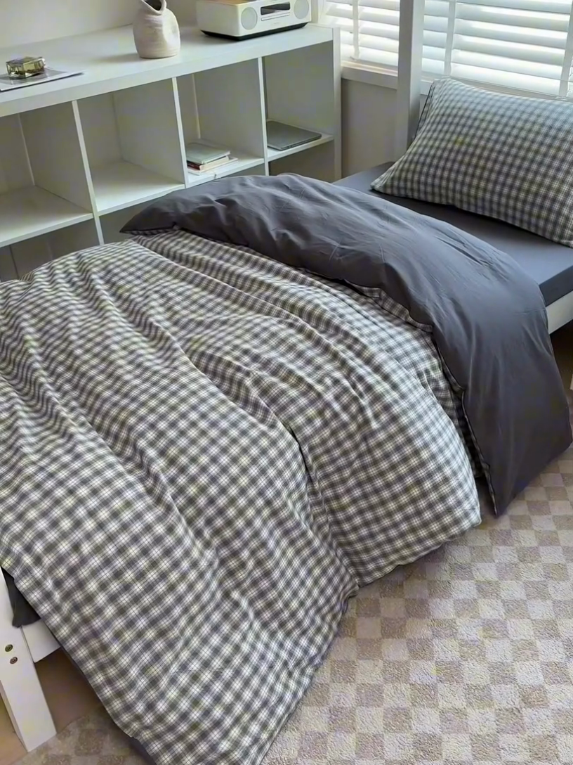 91家纺网 家纺一手货源 找家纺 柠萌家居 2025新款无印良品风色织水洗棉A类学生宿舍三件套 尚品灰