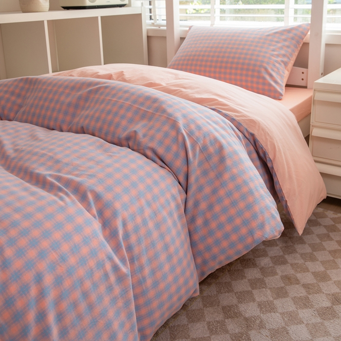 91家纺网 家纺一手货源 找家纺 柠萌家居 2025新款无印良品风色织水洗棉A类学生宿舍三件套 星辰蓝桔