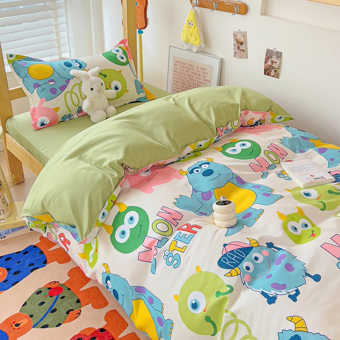 91家纺网 家纺一手货源 找家纺 楠沐家纺 2025新款亲肤芦荟棉印花学生宿舍上下铺四件套三件套 怪兽大学