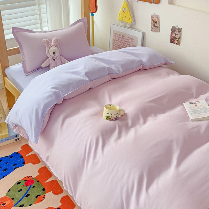 91家纺网 家纺一手货源 找家纺 楠沐家纺 2025新款亲肤芦荟棉印花学生宿舍上下铺四件套三件套 泡泡粉+泡泡紫