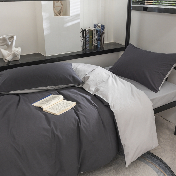 91家纺网 家纺一手货源 找家纺 柠萌家居 2025新款无印良品风色织水洗棉A类学生宿舍三件套 深灰浅灰