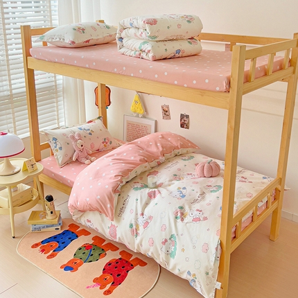 楠沐家纺 2025新款亲肤芦荟棉印花学生宿舍上下铺四件套三件套 粉蓝喵喵