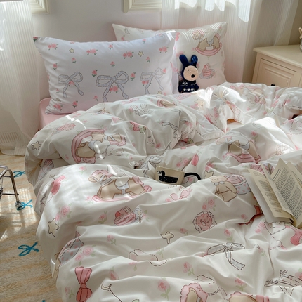 91家纺网 家纺一手货源 找家纺 轻奢坊 2024新款水洗棉可爱卡通四件套 碎花兔