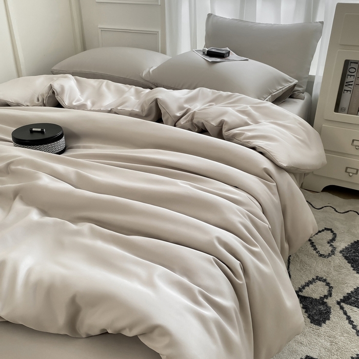 91家纺网 家纺一手货源 找家纺 乐沐家纺 2024新款夏季水洗冰丝四件套水洗真丝纯色双拼单被套-风格二 月光灰