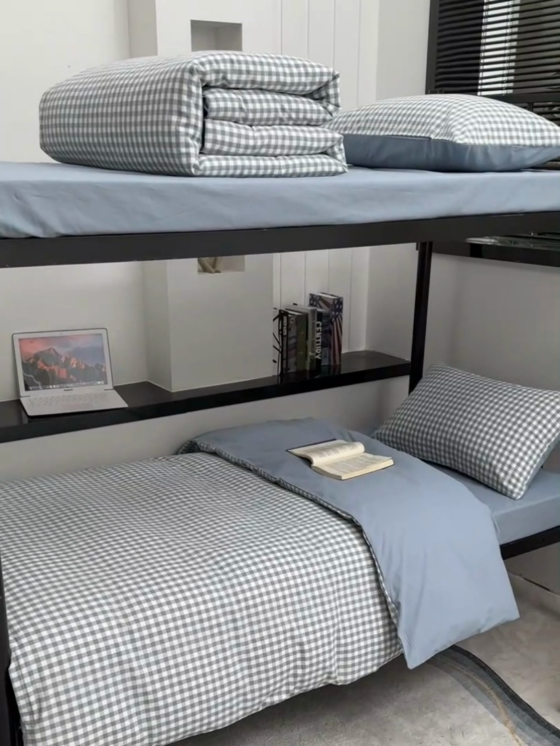 91家纺网 家纺一手货源 找家纺 柠萌家居 2025新款无印良品风色织水洗棉A类学生宿舍三件套 蓝小格