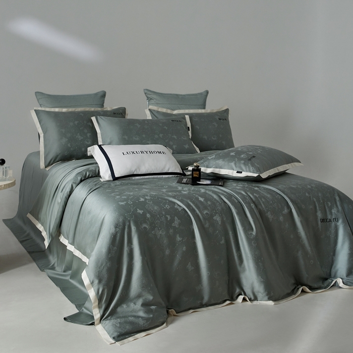 91家纺网 家纺一手货源 找家纺 安莱生活 2024新款60S天丝棉提花四件套-铂金摩卡 星辰-梦华绿