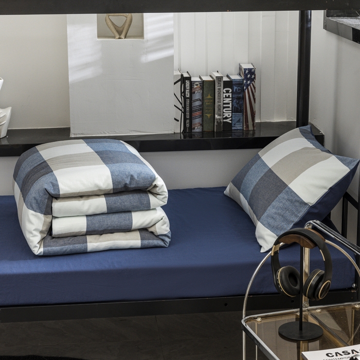 91家纺网 家纺一手货源 找家纺 柠萌家居 2025新款无印良品风色织水洗棉A类学生宿舍三件套 蓝调格