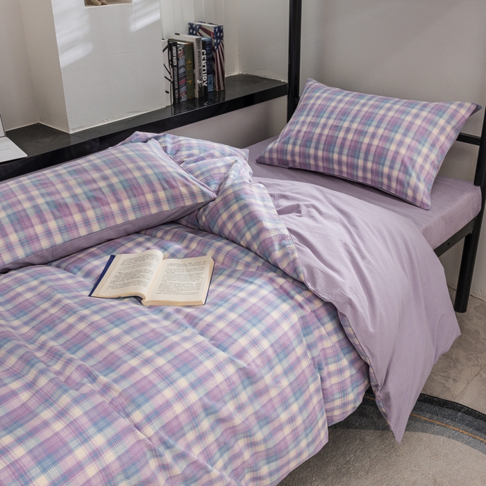 91家纺网 家纺一手货源 找家纺 柠萌家居 2025新款无印良品风色织水洗棉A类学生宿舍三件套 星空紫格