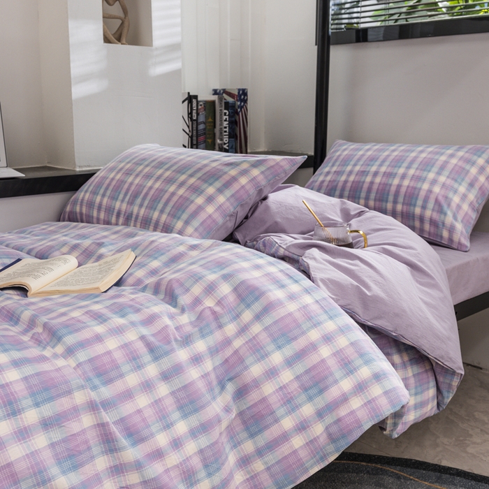 91家纺网 家纺一手货源 找家纺 柠萌家居 2025新款无印良品风色织水洗棉A类学生宿舍三件套 星空紫格