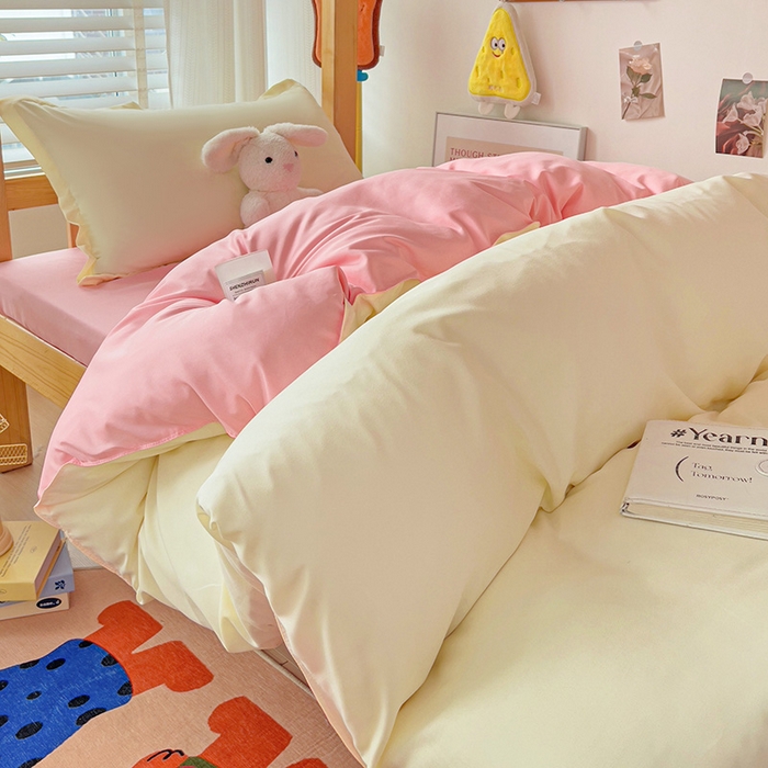 91家纺网 家纺一手货源 找家纺 楠沐家纺 2025新款亲肤芦荟棉印花学生宿舍上下铺四件套三件套 米黄+浅玉