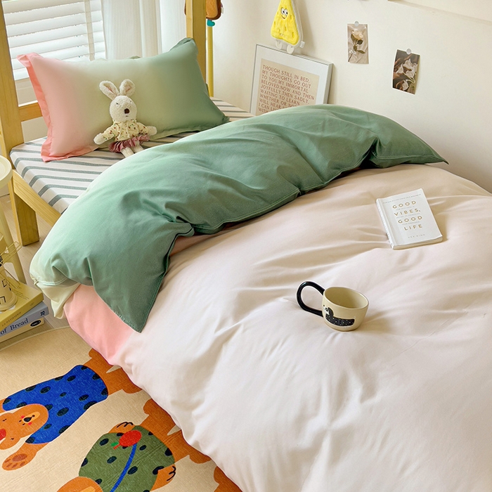 91家纺网 家纺一手货源 找家纺 楠沐家纺 2025新款亲肤芦荟棉印花学生宿舍上下铺四件套三件套 松石粉绿