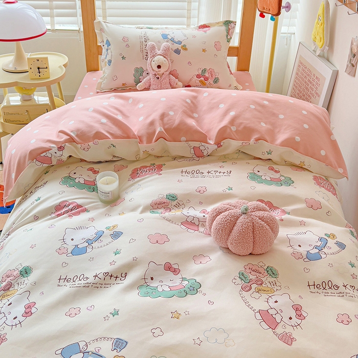 91家纺网 家纺一手货源 找家纺 楠沐家纺 2025新款亲肤芦荟棉印花学生宿舍上下铺四件套三件套 粉蓝喵喵