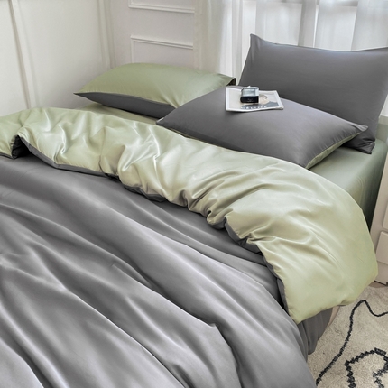 91家纺网 家纺一手货源 找家纺 乐沐家纺 2024新款夏季水洗冰丝四件套水洗真丝纯色双拼单被套-风格二 青草绿+高级灰