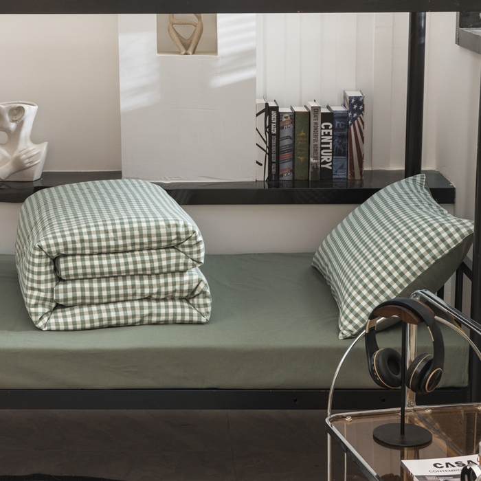 91家纺网 家纺一手货源 找家纺 柠萌家居 2025新款无印良品风色织水洗棉A类学生宿舍三件套 小格绿