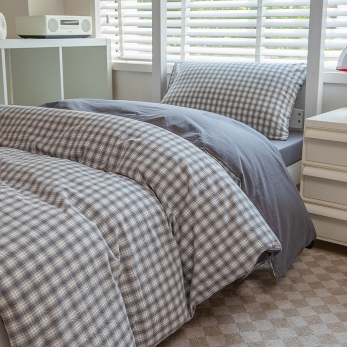 91家纺网 家纺一手货源 找家纺 柠萌家居 2025新款无印良品风色织水洗棉A类学生宿舍三件套 尚品灰