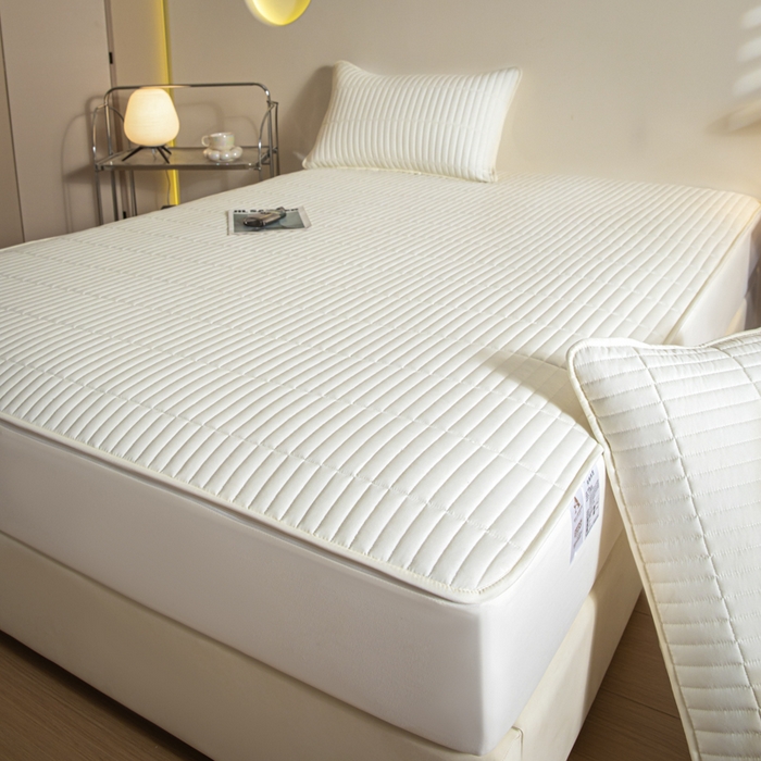 91家纺网 家纺一手货源 找家纺 雪云美 六面全包夹棉床笠拉链款A类原棉床垫套子床罩 格韵-珍珠白